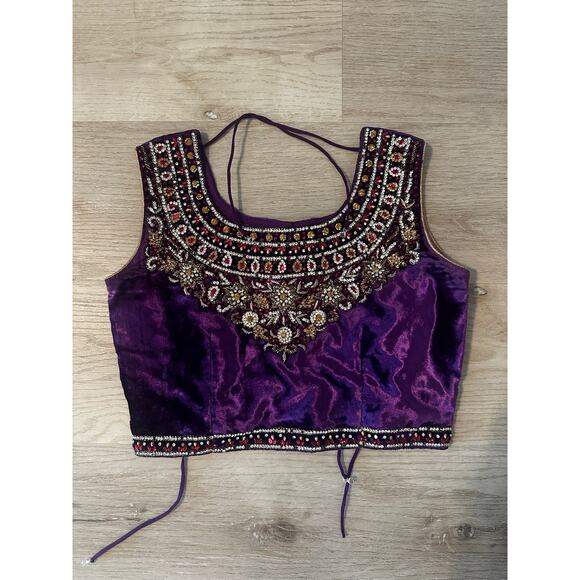 Purple beaded and velvet cropped India blouse size 32 - Picture 4 of 7